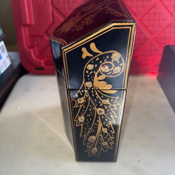 Vintage Oriental Asian Hinged Box Black/Gold With Orange Tree Velvet Lined 12” - Picture 5 of 9